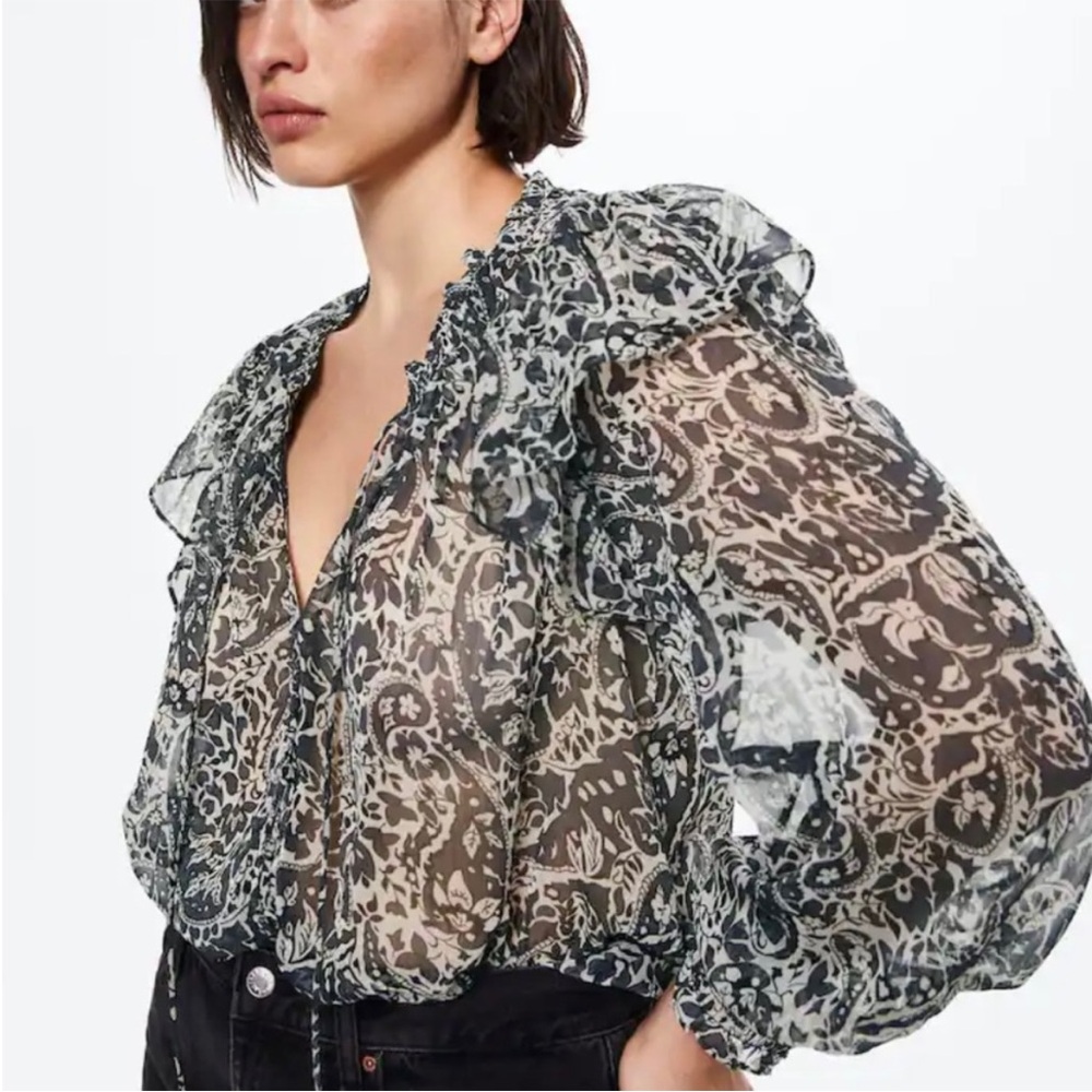 Mango grey floral blouse sheer blouse with Tie at neck. Size 4/s BNWT